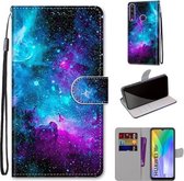 Voor Huawei Y6p Gekleurde Tekening Cross Textuur Horizontale Flip PU Lederen Case met Houder & Kaartsleuven & Portemonnee & Lanyard (Paars Groen Sterrenhemel)
