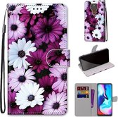 Voor Motorola Moto E7 Plus / G9 Play / G9 Gekleurde tekening Cross Texture Horizontale Flip PU lederen tas met houder & kaartsleuven & portemonnee & lanyard (Chrysanthemum Pink White Purple)