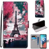 Voor Motorola Moto E7 Gekleurde Tekening Cross Textuur Horizontale Flip PU Lederen Case met Houder & Kaartsleuven & Portemonnee & Lanyard (Roze Bloem Tower Bridge)