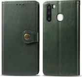 Voor Galaxy A21 retro effen kleur lederen gesp mobiele telefoon bescherming lederen tas met fotolijst & kaartsleuf & portemonnee & beugel functie (groen)