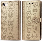 Voor iPhone 8/7 schattige kat en hond reliëf horizontale flip PU lederen tas met houder / kaartsleuf / portemonnee / lanyard (goud)