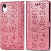 Voor iPhone XR schattige kat en hond reliëf horizontale flip PU lederen tas met houder / kaartsleuf / portemonnee / lanyard (roze)
