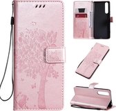 Voor Sony Xperia 1 II Tree & Cat Pattern Pressed Printing Horizontale Flip PU Leather Case met houder & kaartsleuven & portemonnee & Lanyard (Rose Gold)