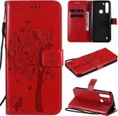 Voor Motorola One Fusion Tree & Cat Pattern Pressed Printing Horizontale Flip PU lederen tas met houder & kaartsleuven & portemonnee & lanyard (rood)