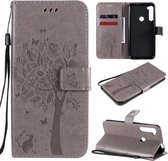 Voor Motorola One Fusion + Tree & Cat Pattern Pressed Printing Horizontale Flip PU lederen tas met houder & kaartsleuven & portemonnee & lanyard (grijs)