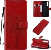 Voor Sony Xperia 1 II Tree & Cat Pattern Pressed Printing Horizontale Flip PU Leather Case met houder & kaartsleuven & portemonnee & Lanyard (rood)