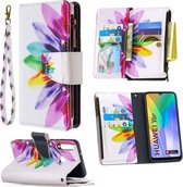 Voor Huawei Y6p Gekleurde Tekening Patroon Rits Horizontale Flip Lederen Case met Houder & Kaartsleuven & Portemonnee (Zon Bloem)