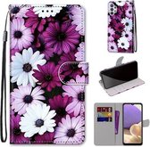 Voor Samsung Galaxy A32 5G Gekleurde tekening Cross Texture Horizontale Flip PU lederen tas met houder & kaartsleuven & portemonnee & lanyard (Chrysanthemum Pink White Purple)