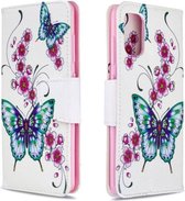 Voor Galaxy A41 Gekleurde tekening Horizontale flip lederen tas met houder & kaartsleuven & portemonnee (perzikbloesem en vlinder)