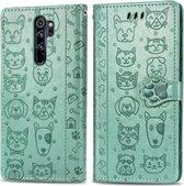 Voor Geschikt voor Xiaomi redmi note 8 pro schattige kat en hond reliëf horizontale flip pu lederen tas met houder / kaartsleuf / portemonnee / lanyard (grasgroen)