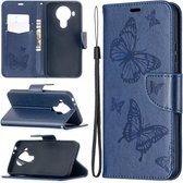 Voor Nokia 5.4 Two Butterflies Embossing Pattern Horizontale Flip Leather Case met houder & kaartsleuf & portemonnee & Lanyard (donkerblauw)