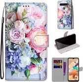 Voor LG K41s / K51s Gekleurde Tekening Cross Textuur Horizontale Flip PU Lederen Case met Houder & Kaartsleuven & Portemonnee & Lanyard (Lichtroze Boeket)