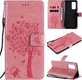 Voor Xiaomi Mi 10T / 10T Pro Tree & Cat Pattern Pressed Printing Horizontale Flip PU lederen tas met houder & kaartsleuven & portemonnee & Lanyard (roze)