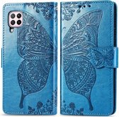 Voor Huawei P40 Lite / Nova 7i / Nova 6SE Vlinder Liefde Bloem Reliëf Horizontale Flip Leren Case met Beugel / Kaartsleuf / Portemonnee / Lanyard (Blauw)