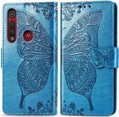 Voor Moto G8 Spelen Butterfly Love Flower Reliëf Horizontale Flip Leren Case met Beugel / Kaartsleuf / Portemonnee / Lanyard (Blauw)