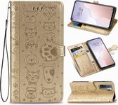 Voor Huawei Nova 7SE / P40 Lite 5G Leuke Kat en Hond Reliëf Horizontale Flip Leren Case met Beugel / Kaartsleuf / Portemonnee / Lanyard (Goud)