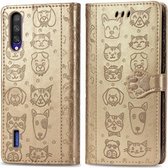 Voor xiaomi mi cc 9/9 lite / a3 lite schattige kat en hond reliëf horizontale flip pu lederen tas met houder / kaartsleuf / portemonnee / lanyard (goud)