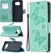 Voor Xiaomi Poco X3 Twee vlinders reliëfpatroon horizontaal Flip lederen tas met houder & kaartsleuf & portemonnee & lanyard (groen)