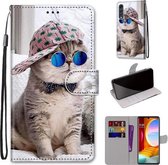 Voor LG Fluwelen Gekleurde Tekening Cross Textuur Horizontale Flip PU Lederen Case met Houder & Kaartsleuven & Portemonnee & Lanyard (Slant Hat Blue Mirror Cat)