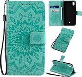 Voor LG K20 (2019) Geperst Afdrukken Zonnebloempatroon Horizontale Flip PU-lederen Case met Houder & Kaartsleuven & Portemonnee & Lanyard (Groen)