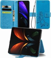 Voor Samsung Galaxy Z Fold2 vierbladige gesp reliëf gesp mobiele telefoon bescherming lederen tas met lanyard & kaartsleuf & portemonnee & beugel functie (blauw)