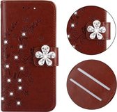 Voor Galaxy A8 (2018) Plum Blossom Pattern Diamond Encrusted Leather Case met houder & kaartsleuven & portemonnee (bruin)