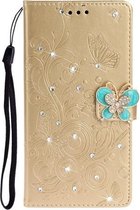 Voor Galaxy S20 Diamond Encrusted Butterflies Love Flowers Pattern Horizontale Flip Leren Case met Houder & Kaartsleuven & Portemonnee & Lanyard (Golden)