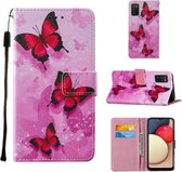 Voor Samsung Galaxy A02s (Europese versie) Cross Texture Painting Pattern Horizontale Flip Leather Case met houder & kaartsleuven & portemonnee & Lanyard (Pink Butterflies)