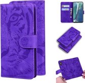 Voor Samsung Galaxy Note 20 Tiger Embossing Pattern Horizontale Flip lederen tas met houder & kaartsleuven & portemonnee (paars)