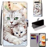 Voor LG K61 Gekleurde Tekening Cross Textuur Horizontale Flip PU Lederen Case met Houder & Kaartsleuven & Portemonnee & Lanyard (Big Cat Holding Kitten)