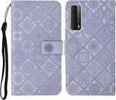 Voor Huawei P smart 2021 Etnische stijl Reliëfpatroon Horizontale flip lederen tas met houder & kaartsleuven & portemonnee & lanyard (paars)