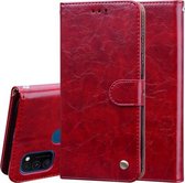 Voor Samsung Galaxy M21 Zakelijke Stijl Olie Wax Textuur Horizontale Flip Leren Case met Houder & Kaartsleuven & Portemonnee (Bruin Rood)