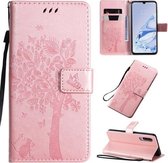 Voor Xiaomi Mi 9 Pro Tree & Cat Pattern Pressed Printing Horizontale Flip PU Leather Case met houder & kaartsleuven & portemonnee & Lanyard (Rose goud)