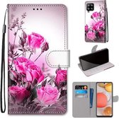 Voor Samsung Galaxy A42 5G Gekleurde Tekening Cross Textuur Horizontale Flip PU Lederen Case met Houder & Kaartsleuven & Portemonnee & Lanyard (Wild Rose)