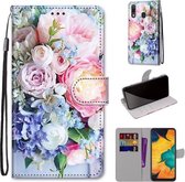 Voor Samsung Galaxy A30 & A20 Gekleurde Tekening Cross Textuur Horizontale Flip PU Lederen Case met Houder & Kaartsleuven & Portemonnee & Lanyard (Lichtroze Boeket)