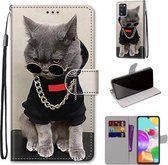 Voor Samsung Galaxy A41 Gekleurde Tekening Cross Textuur Horizontale Flip PU Lederen Case met Houder & Kaartsleuven & Portemonnee & Lanyard (Gouden Ketting Grijze Kat)