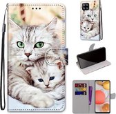 Voor Samsung Galaxy A42 5G Gekleurde Tekening Cross Textuur Horizontale Flip PU Lederen Case met Houder & Kaartsleuven & Portemonnee & Lanyard (Big Cat Hugging Kitten)