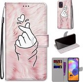 Voor Samsung Galaxy A31 Gekleurde Tekening Cross Textuur Horizontale Flip PU Lederen Case met Houder & Kaartsleuven & Portemonnee & Lanyard (Pink Hands Than Hearts)