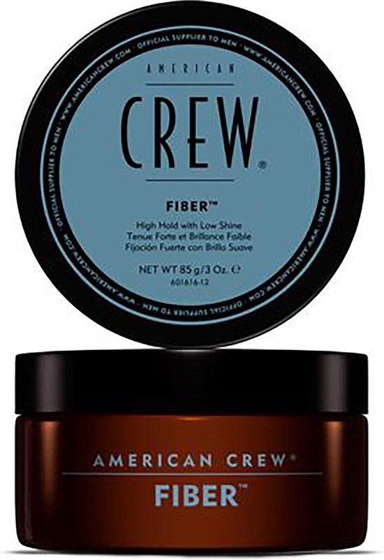 American Crew Fiber pot met bruine basis en blauw deksel.