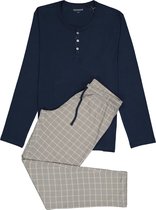 SCHIESSER heren pyjama - O-hals met knoopjes - blauw met geruite broek -  Maat: XXL
