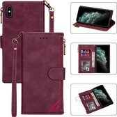 Rits Multi-kaartsleuven Horizontale flip PU lederen tas met houder & kaartsleuven & portemonnee & lanyard & fotolijst voor iPhone XS / X (wijnrood)