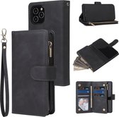 Voor iPhone 12 5.4 Multifunctionele Retro Frosted Horizontale Flip Leren Case met Kaartsleuf & Houder & Rits Portemonnee & Fotolijst & Lanyard (Zwart)