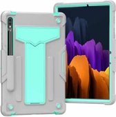 Voor Samsung Galaxy Tab S7 T870 / T875 T-vormige beugel Contrastkleur Schokbestendig PC + siliconen beschermhoes (grijs + mintgroen)