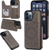 Bloem reliëfpatroon schokbestendig beschermhoesje met houder & kaartsleuven en fotolijst voor iPhone 12/12 Pro (grijs)