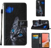 Voor Samsung Galaxy A72 5G Cross Texture Painting Pattern Horizontale Flip Leather Case met Houder & Kaartsleuven & Portemonnee & Lanyard (Blue Butterfly Cat Eyes)