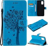 Voor Samsung Galaxy A02s Tree & Cat Pattern Pressed Printing Horizontale Flip PU lederen tas met houder & kaartsleuven & portemonnee & lanyard (blauw)