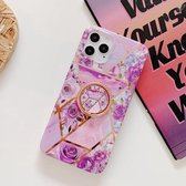 Galvaniserend stikpatroon Zachte TPU-beschermhoes met roségouden standaardringhouder voor iPhone 12/12 Pro (stiksels paarse bloemen)