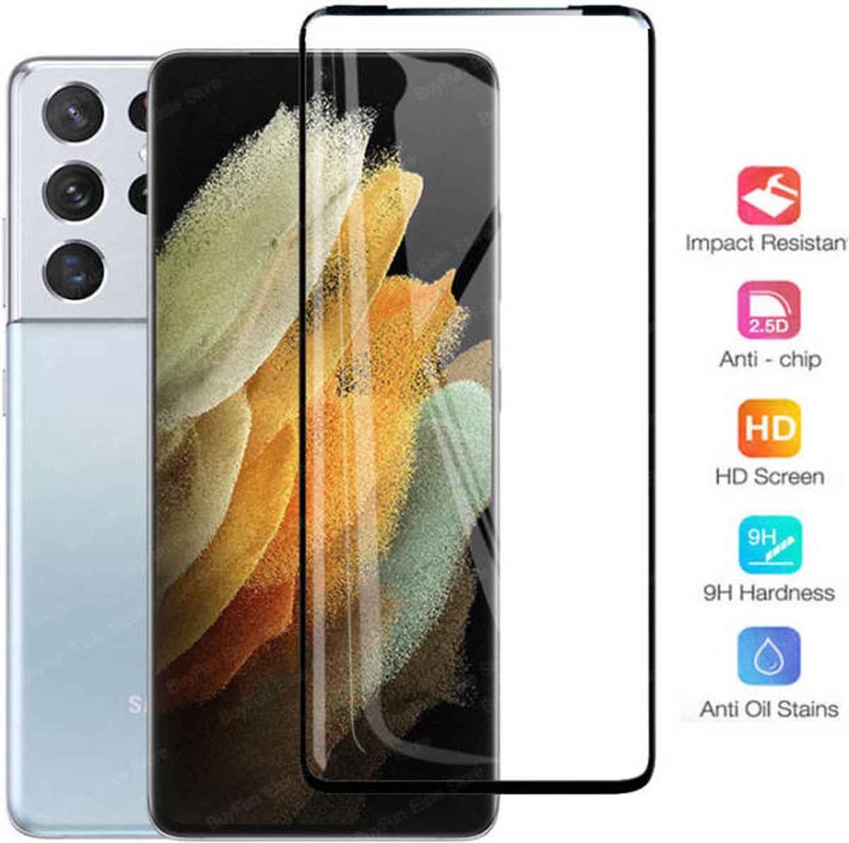 Screenprotector Geschikt voor Samsung Galaxy S21 Ultra Screenprotector / Tempered glass Full cover Gehard Glas Zwart