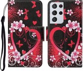 Voor Samsung Galaxy S21 Ultra 5G Gekleurde Tekening Patroon Horizontale Flip Leren Case met Houder & Kaartsleuven & Portemonnee & Lanyard (Rood Hart)