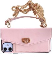 Voor iPhone 11 Pro Max creatieve effen kleur handheld lederen tas met portemonnee en ketting (roze)